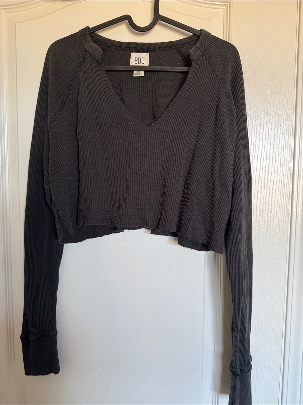 BDG Black Cropped Waffle V-Neck Long Sleeve Top